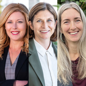Composite headshot of Kate Wright, executive director of Climate Mayors; Kate Johnson, head of US Federal Affairs at  C40 Cities; and Julia Peek, director of communications and mobilization at Urban Sustainability Directors Network.