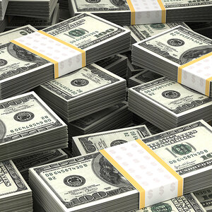 A pile of wrapped stacks of one-hundred-dollar bills.
