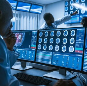 A doctor reviewing a patient's brain scan.