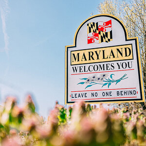 A welcome sign for the state of Maryland. A welcome sign for the state of Maryland.