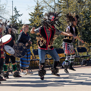 A group of performers, wearing Indigenous attire, dance and sing in a park surrounded by trees.