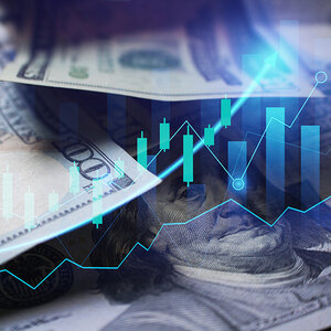 A photo collage of one-hundred-dollar bills graphs and charts. A photo collage of one-hundred-dollar bills graphs and charts.
