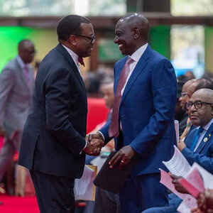 Two African men in business suits greet each other at a conference – a photo of Akinwumi A. Adesina and William Ruto.