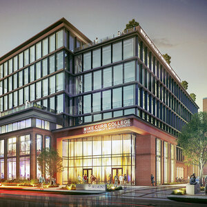 An artist's rendering of a glass college building set on a city street. An artist's rendering of a glass college building set on a city street.