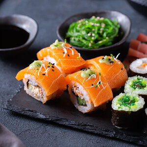 A beautiful plate of sushi made from plant-based seafood.