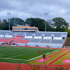 The end zone and grandstand at a college football field—Clark Atlanta University’s Panther Stadium. The end zone and grandstand at a college football field—Clark Atlanta University’s Panther Stadium.