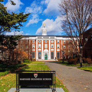 The exterior of Harvard Business School.