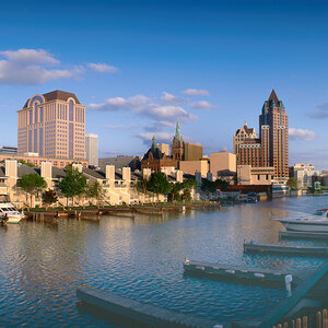 A city skyline along a riverbank - Milwaukee, Wisconsin.