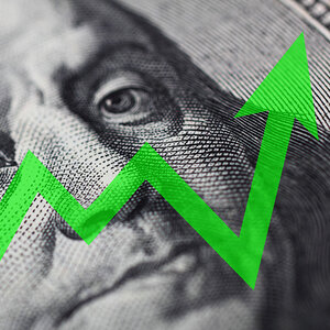 A graphic showing a rising line chart with a one-hundred-dollar bill in the background.