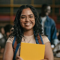 A college student in the library holding her books and smiling for the camera. A college student in the library holding her books and smiling for the camera.