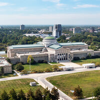 An aerial view of a large museum—the Griffin Museum of Science and Industry. An aerial view of a large museum—the Griffin Museum of Science and Industry.