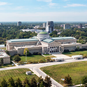 An aerial view of a large museum—the Griffin Museum of Science and Industry. An aerial view of a large museum—the Griffin Museum of Science and Industry.