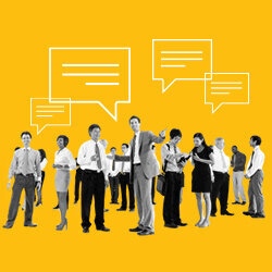 A photo collage of people talking in front of a yellow background. A photo collage of people talking in front of a yellow background.
