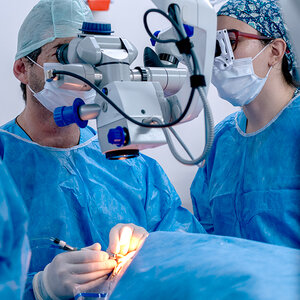 A surgical team performs a procedure in an operating room.