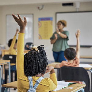 An elementary school classroom. An elementary school classroom.