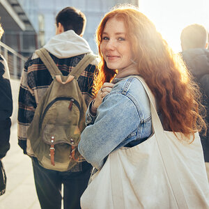 A college student headed to class.