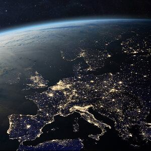 A satellite view of Europe at night.