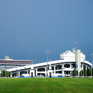 The Liberty Bowl Stadium under a stormy sky.