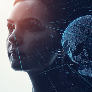 A montage of a digital earth fading into the face of a woman. A montage of a digital earth fading into the face of a woman.