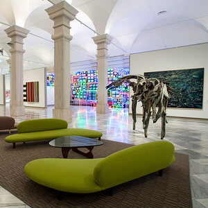The lobby of an art museum with modern art and sculptures - the Smithsonian American Art Museum.
