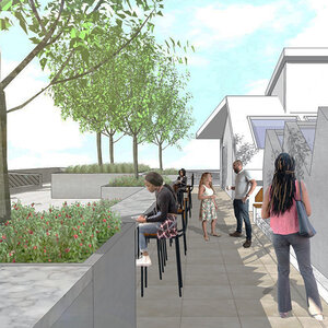 An artist’s rendering of a clean-tech rooftop with trees and plantings.