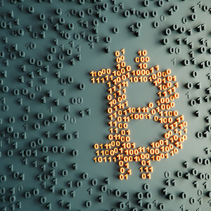 Zeros and ones arranged in a bitcoin symbol.