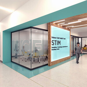 An artist's rendering of the lobby for a nursing training center.