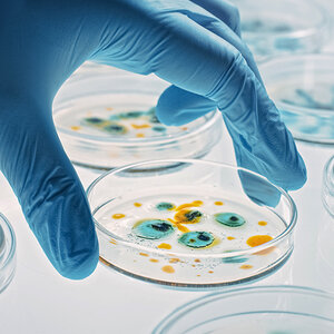 A closeup image of a scientist's hand holding a petri dish containig microbes. A closeup image of a scientist's hand holding a petri dish containig microbes.
