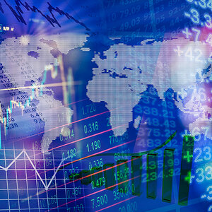 A collage of computer screens showing financial data superimposed over a map of the world.