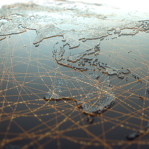 Map of Asia and Oceania with lines indicating connectivity.