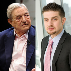 A composite image of two men dressed in suits—photos of George and Alexander Soros.