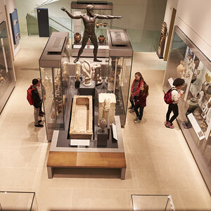 An aerial view of a busy museum.