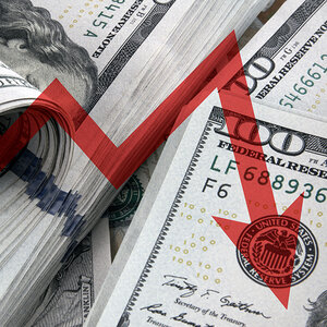 A red line chart with an arrow pointing down appears over a background of hundred-dollar bills.
