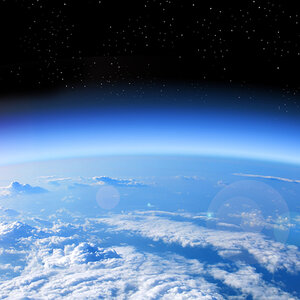 An image of the curvature of the earth and its atmosphere from space.