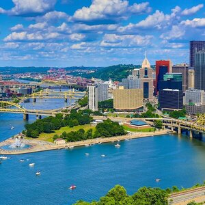 A city skyline at the confluence of three rivers – Pittsburgh.