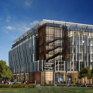 An artist's rendiering of a modern glass building surrounded by tree on a college campus.