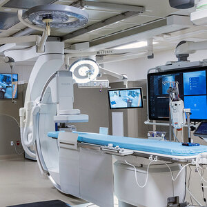 A high-tech cardiac catheterization lab. A high-tech cardiac catheterization lab.