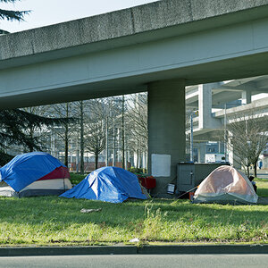 Tents set up in the street.