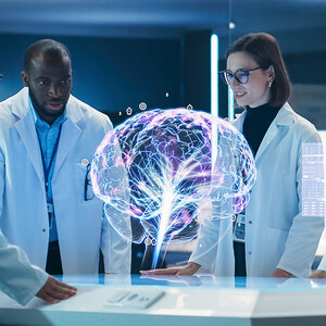 An artist’s rendering two physicians examining a 3-D image of a human brain. An artist’s rendering two physicians examining a 3-D image of a human brain.