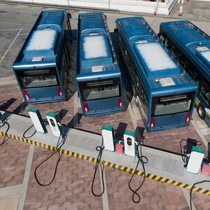 A fleet of electric buses. A fleet of electric buses.