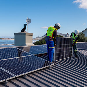 Technicians installing solar panels. Technicians installing solar panels.