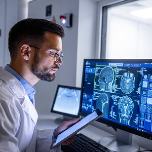 A lab technician reviews a CT scan on a tablet. A lab technician reviews a CT scan on a tablet.