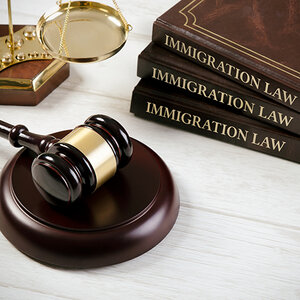 Immigration law textbooks next to a gavel.