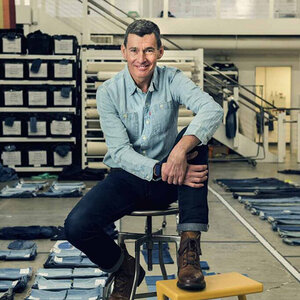 Chip Bergh, president and CEO of Levi Strauss, sits comfortably on a stool. Chip Bergh, president and CEO of Levi Strauss, sits comfortably on a stool.