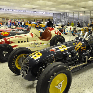 Cars inside the Indianapolis Motor Speedway Museum.