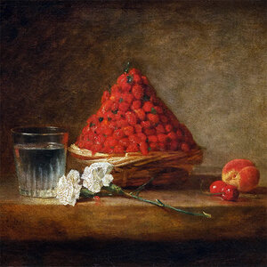 A still life painting of a straw basket filled with strawberries. A still life painting of a straw basket filled with strawberries.