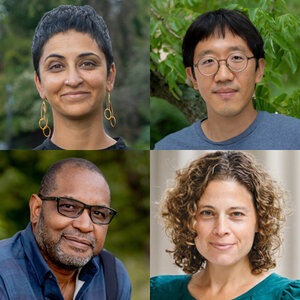 Clockwise from upper left, headshots of newly announced MacArthur Fellows Priti Krishtel, June Huh, Danna Freedman, and Joseph Drew Lanham.