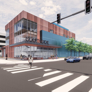 An artist rendering of the exterior of a modern health clinic with the word Southside on the front of the building.