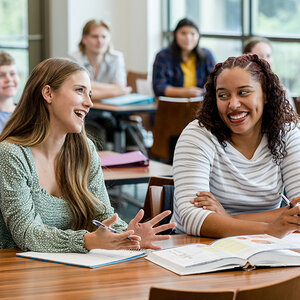 Two female college students smile while having a conversation in a classroom. Two female college students smile while having a conversation in a classroom.