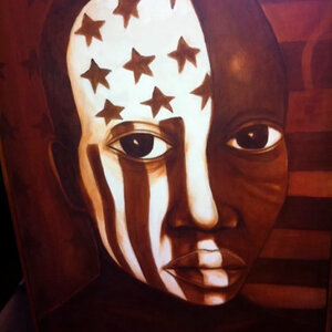 An illustration depicting a white American flag painted over black person's face. An illustration depicting a white American flag painted over black person's face.